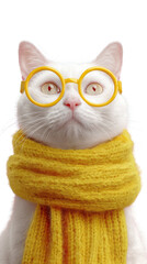 Smart Cat: A charming cat, donning stylish yellow-framed glasses and a matching scarf, exudes an air of intelligence and cozy warmth, captivating with its unique style and personality.