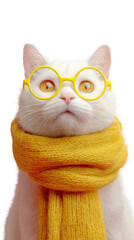 Whiskered Scholar: A refined feline, adorned with spectacles and a scarf, exudes an air of erudition, as it gazes with an air of contemplation.