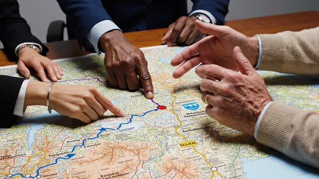 Closeup of diverse business team hands pointing at route on paper map. Concept of logistics planning, strategy and teamwork. Ideal for corporate meeting or travel agency visuals.