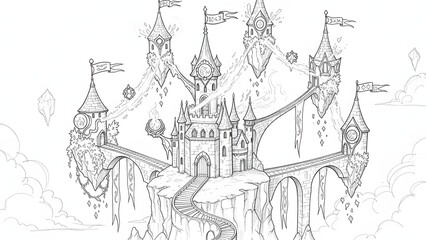 Fantasy castle illustration with floating towers and bridges