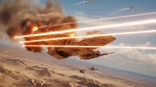 Spaceship soaring through the fiery skies of a distant planet, dodging explosions and enemy fire in an epic battle for survival