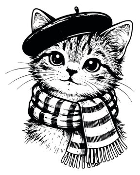Hand drawn line art illustration of a charming kitten depicting it wearing a beret and scarf for animal-themed designs