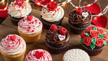 Assorted Valentine's Day cupcakes with red hearts, roses and chocolate. Romantic dessert on wooden table with bokeh lights. Sweet love concept