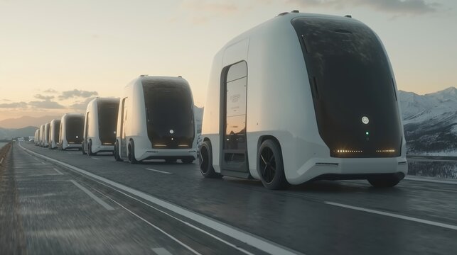 Convoy of futuristic autonomous electric trucks driving on a highway. Self-driving vehicles in a platoon representing the future of logistics and transportation technology