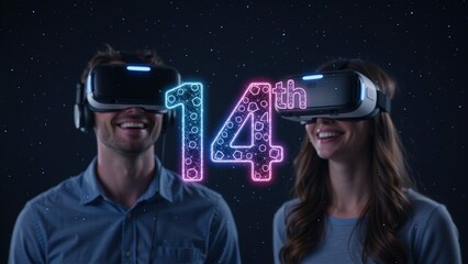 14th birthday or anniversary celebration in virtual reality. Happy couple wearing VR headsets next to glowing neon number 14. Metaverse party concept
