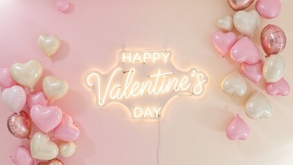 Happy Valentine's Day neon sign on pink wall. Heart shaped balloons decoration for romantic party. Holiday celebration background
