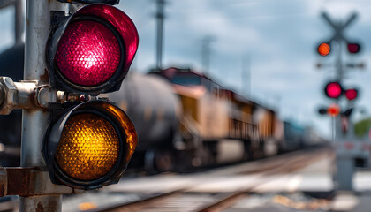  Close-up of a flashing traffic light at a railroad crossing as a freight train passes through the intersection.