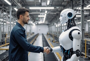 A man and a futuristic humanoid robot shaking hands in a factory. Human and artificial intelligence collaboration for the future of industry and automation