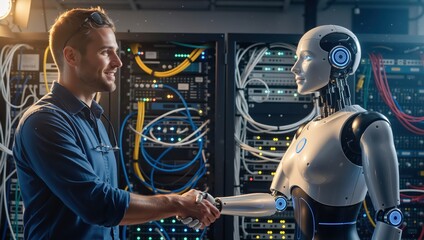 IT engineer shaking hands with an advanced AI robot in a data center. Human and artificial intelligence partnership. Futuristic technology and automation concept