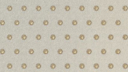 Vintage Style Cream Fabric Background with Small Gold Floral Sunburst Patterns Arranged in an Even Grid