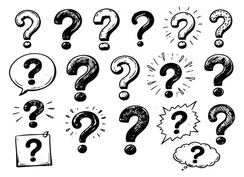 Hand drawn doodle question marks set featuring various styles and expressions for educational and communicative content