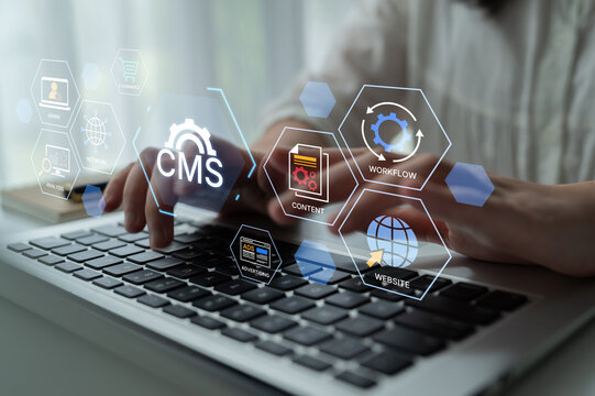 Concept of a Content Management System (CMS). A platform for website administration, digital content creation, workflow management, and e-commerce integration. Fermion