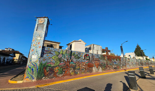 Zacatlan, Puebla, Mexico - Jan 5, 2026: Handcrafted stained glass murals on the walls of the cemetery in the Magical Town of Zacatlan de las Manzanas in Puebla, Mexico
