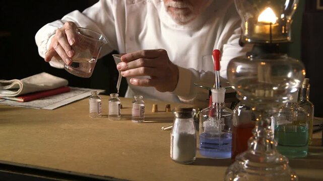 Apothecary filling bottles with medicinal mixture