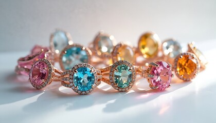 Assorted gemstone rings with diamonds gleam against white backdrop. Rose gold bands hold blue topaz aqua marine and pink tourmaline gems. Luxury jewelry collection sparkles bright.