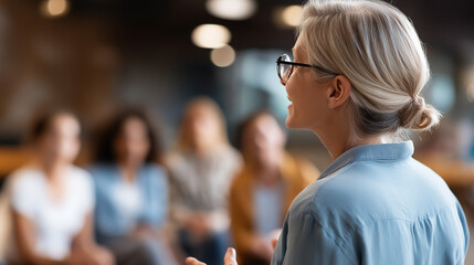 Experienced faceless mentor guiding group in training session professional development corporate education leadership coaching team learning skill building workshop