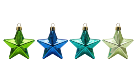 Four star-shaped Christmas ornaments (matte green, glossy blue, teal, pale green) with metallic caps, on a transparent background. Festive commercial holiday decoration concept