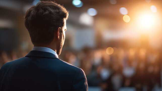 Confident faceless businessman giving presentation in front of crowd meeting conference seminar room leadership authority teamwork business concept professional training - Powered by Adobe