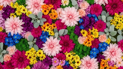 Vibrant and diverse collection of colorful blooming flowers creating a rich, natural floral background, perfect for spring and summer celebrations