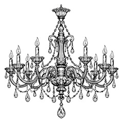 Elegant hand drawn illustration of a chandelier depicting ornate crystal drops for luxury decoration