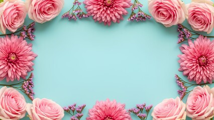 Vibrant floral frame on a serene light blue background, adorned with pink roses and chrysanthemums, ideal for elegant greetings, invitations, and festive celebration designs