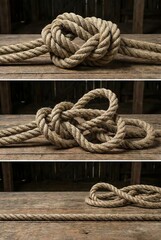 Fototapeta premium Ropes tied in knots on wooden surfaces in a rustic setting