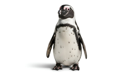 Fototapeta premium Realistic image of a penguin standing upright on a clean white background, showing detailed feathers, strong black and white contrast, and a sharp minimalist look.