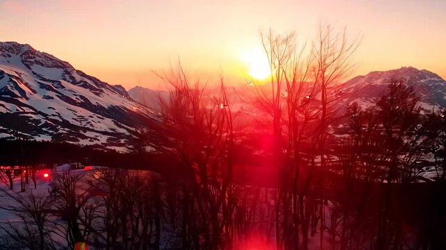 The sunset casts a warm glow over the snow-covered mountains. Bare trees outline the scene, highlighting the contrast between the dark forms and the bright sky.