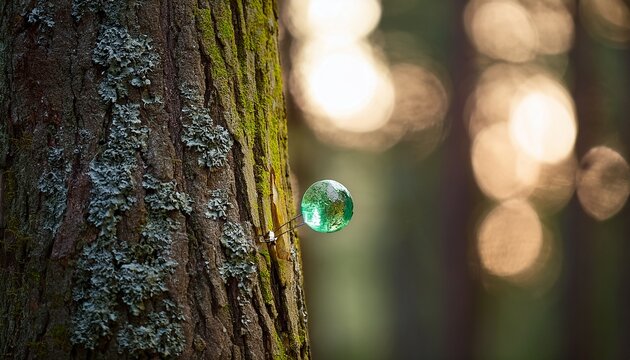 uma exuvia pregada no tronco rugoso de uma arvore no bosque