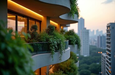 Obraz premium Building balconies overflow with lush plants. Modern architecture integrates plants, creating urban nature. Cityscape at dusk offers a serene, sustainable living scene.