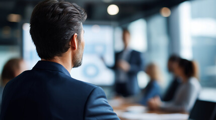 Faceless man watching presentation in conference room professional training corporate meeting business seminar educational session technology display defocused background