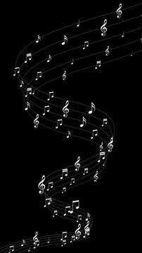 musical notes flying on cords alpha channel animation, curve trail white notas music and song isolated overlay vertical social media motion design element