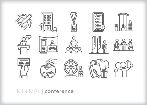 Set of 15 business conference and trade show outline icons