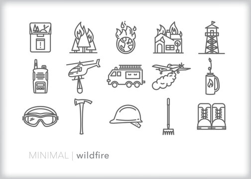 Set of 15 wildfire outline icons of tools, safety, and fire protection