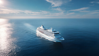 Aerial view of beautiful white cruise ship above luxury cruise in the ocean sea concept tourism travel on holiday take a vacation time on summer, webinar banner forwarder mast
