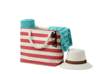 Rectangular canvas beach bag with red/white stripes, rope handles, rolled blue/turquoise towel, Wayfarer sunglasses, straw panama hat flat lay on transparent background. Summer vacation accessories