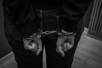 Handcuffed woman, closeup. Captured criminal. Black and white toning