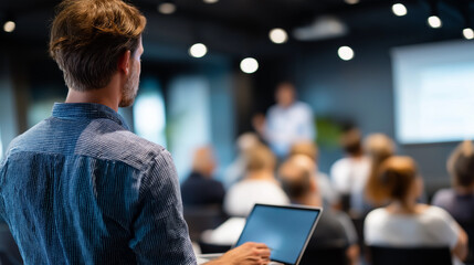 Corporate training seminar faceless staff learning engaging in auditorium business workshop professional development educational session team building defocused participants