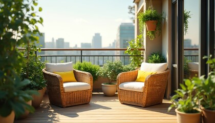 Obraz premium Two wicker armchairs with yellow cushions on sunlit wooden balcony filled with rich green plants. City skyline in background. Offers tranquil outdoor seating space for relaxation and enjoying nature.