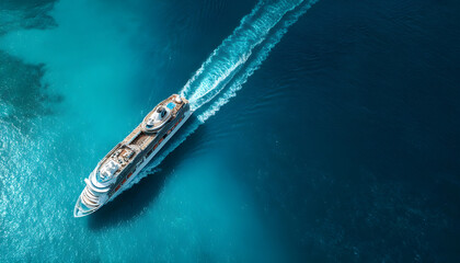 Naklejka premium Aerial view of beautiful white cruise ship above luxury cruise in the ocean sea concept tourism travel on holiday take a vacation time on summer, webinar banner forwarder mast