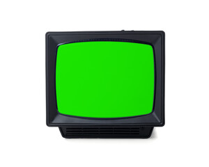 Old TV with green screen isolated on white. Space for design