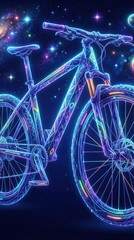 Fototapeta premium Neon glow bicycle in abstract space with stars. Digital bike for sport, healthy lifestyle, technology, innovation, and futuristic design.