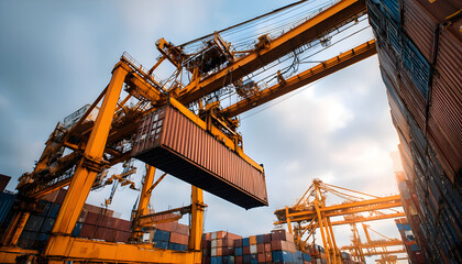 Naklejka premium Gantry crane is unloading a container from a ship at daytime in the port