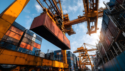 Obraz premium Gantry crane is unloading a container from a ship at daytime in the port