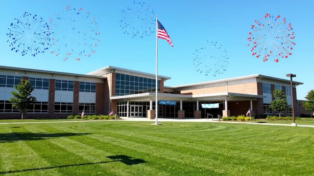 American Flag Flying Outside Modern School Building.