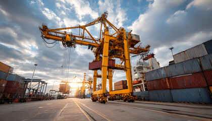 Gantry crane is unloading a container from a ship at daytime in the port