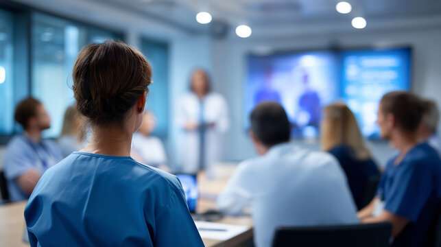 Health safety training session hospital conference room faceless medical staff in scrubs viewing presentation large screen highlighting importance ongoing education healthcare