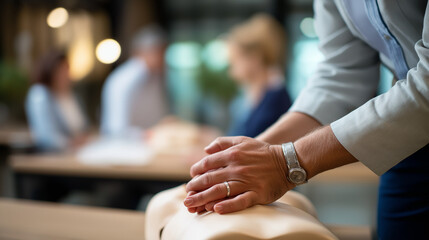 Faceless hands performing CPR on dummy during first aid training session blurred participants background emergency response education life saving skills medical instruction