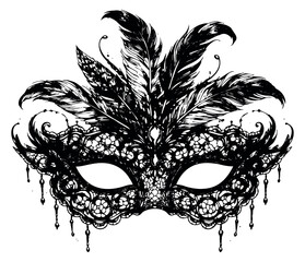 Hand drawn line art illustration of a masquerade mask depicting an ornate design with feathers and lace for a festive celebration