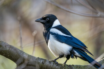 A Eurasian Magpie bird with black and white plumage and iridescent blue wings perched on a tree...
